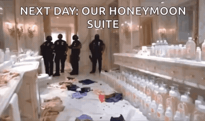 A Bunch Of Police Officers Are Standing In A Messy Bathroom Next To A Row Of Bottles . GIF