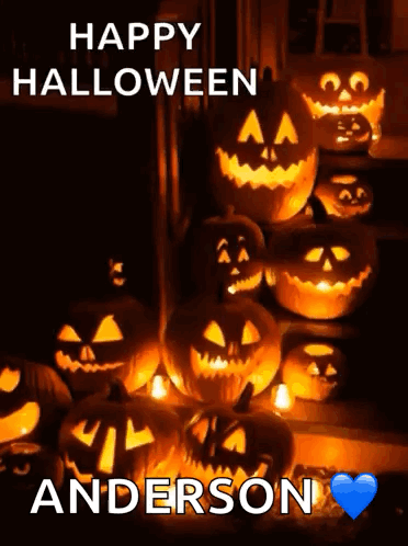 A Bunch Of Pumpkins Are Lit Up With The Name Anderson On The Bottom GIF