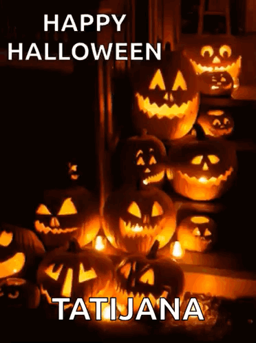 A Bunch Of Pumpkins With Faces Carved Into Them And The Name Tatiana On The Bottom GIF