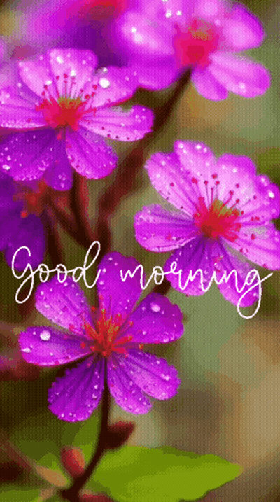 A Bunch Of Purple Flowers With The Words Good Morning On The Bottom GIF