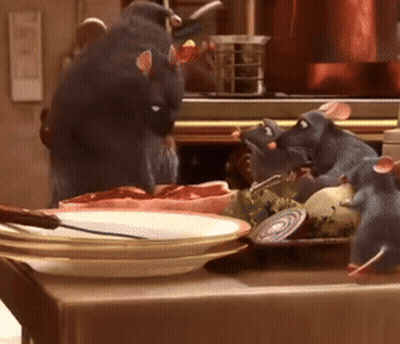 A Bunch Of Rats Are Sitting On A Table With Plates GIF