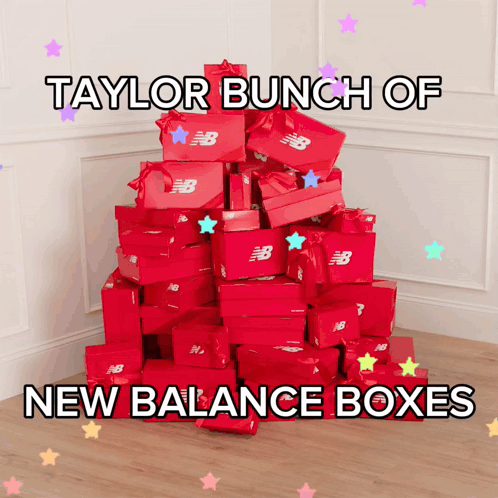 A Bunch Of Red Boxes With New Balance On Them GIF