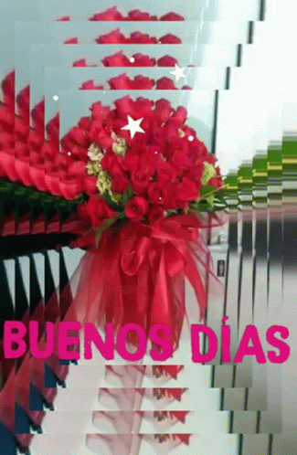 A Bunch Of Red Roses In A Vase With The Words Buenos Dias In Red GIF