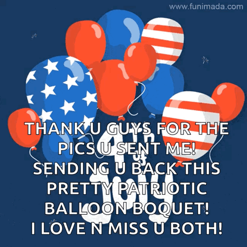 A Bunch Of Red White And Blue Balloons With The Words Thank You Guys For The Pics You Sent Me GIF