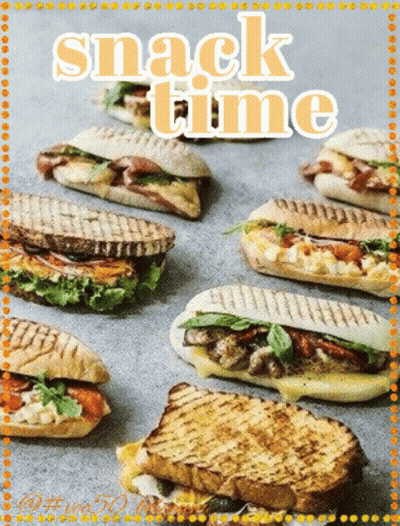 A Bunch Of Sandwiches On A Table With The Words Snack Time GIF