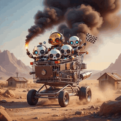 A Bunch Of Skulls Are Riding In A Shopping Cart GIF