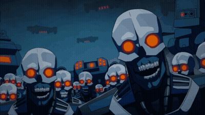 A Bunch Of Skulls With Red Eyes Are Standing In A Dark Room With The Letters Ssss On The Bottom GIF