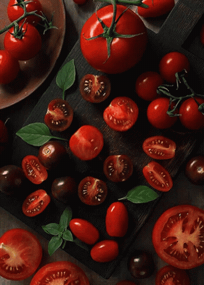 A Bunch Of Sliced Tomatoes Are On A Wooden Cutting Board GIF