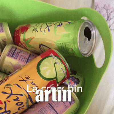 A Bunch Of Soda Cans In A Green Bin With The Word Artin Written On It GIF