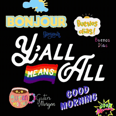 A Bunch Of Stickers On A Black Background That Say Bonjour Y'all Means All GIF