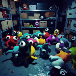 A Bunch Of Stuffed Animals Are In A Room With Boxes On The Shelves GIF