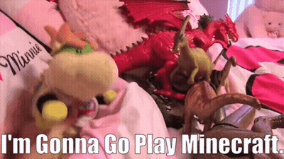 A Bunch Of Stuffed Animals Are Laying On A Bed With The Words I 'M Gonna Go Play Minecraft GIF