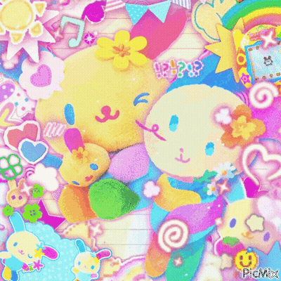 A Bunch Of Stuffed Animals Are On A Pink Background . GIF