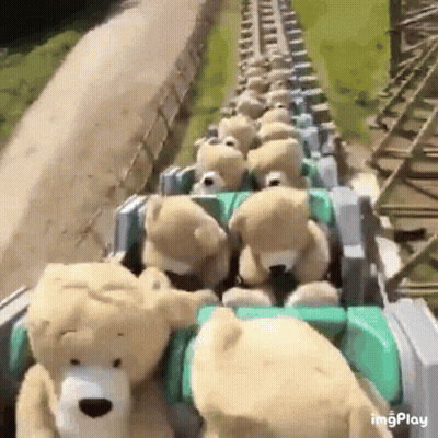A Bunch Of Teddy Bears Are Riding A Roller Coaster GIF