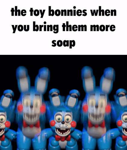 A Bunch Of Toy Bonnie Rabbits Are Lined Up In A Row GIF