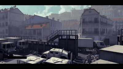 A Bunch Of Vehicles Are Parked In Front Of A Building With A Staircase GIF