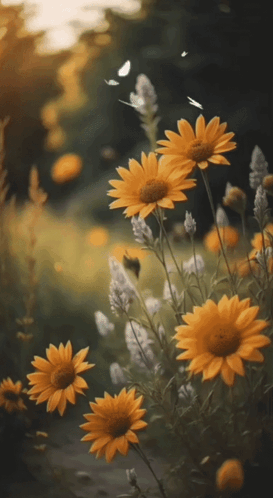A Bunch Of Yellow Daisies In A Field With Butterflies Flying Around GIF
