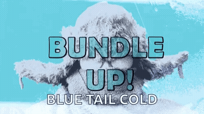 A Bundle Up Blue Tail Cold Ad With A Skull In The Background GIF