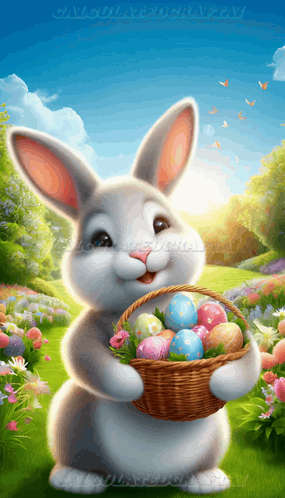 A Bunny Is Holding A Basket Of Easter Eggs In A Garden GIF