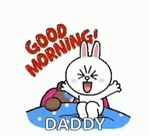 A Bunny Is Sitting Next To A Teddy Bear On A Bed And Saying Good Morning Daddy . GIF