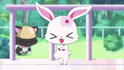 A Bunny With A Flower On Its Head Is Dancing With A Cat Behind It GIF