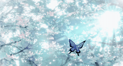 A Butterfly Is Flying Through A Tree With Flowers On It GIF