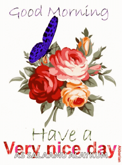 A Butterfly Sits On A Bouquet Of Flowers With The Words " Good Morning Have A Very Nice Day " GIF