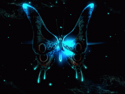 A Butterfly With Glowing Blue Wings Is Surrounded By Glowing Lights GIF