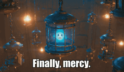 A Cage With A Light Inside Of It And The Words Finally Mercy GIF