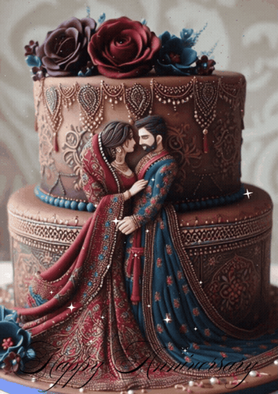 A Cake With A Bride And Groom On It And The Words Happy Anniversary GIF