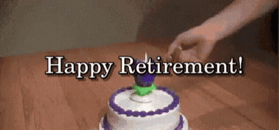 A Cake With A Purple Candle And The Words " Happy Retirement " Below It GIF