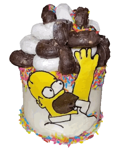 A Cake With Homer Simpson On It And A Bunch Of Donuts Sticker