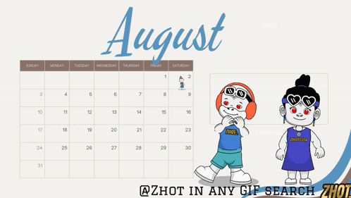 A Calendar For August With A Boy And A Girl On It GIF