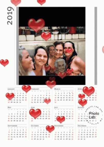 A Calendar For The Year 2019 With Hearts Floating Around GIF