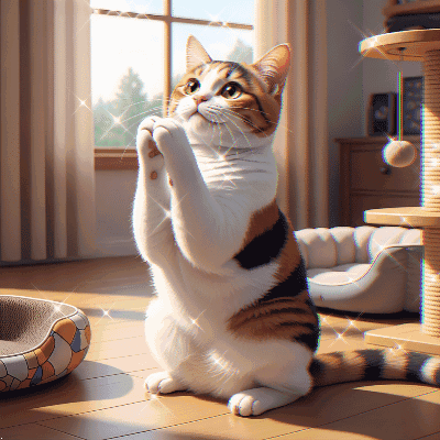 A Calico Cat Sitting On Its Hind Legs With Its Paws Up In Front Of A Window GIF