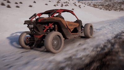 A Can-Am Buggy Is Driving Down A Snow Covered Road GIF