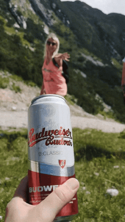 A Can Of Budweiser Is Being Held Up In Front Of A Mountain GIF