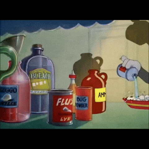 A Can Of Flusy Lye Sits On A Table Next To A Jug Of Bleach GIF