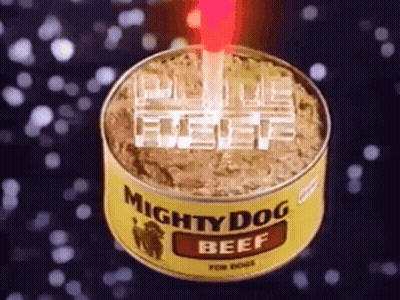 A Can Of Mighty Dog Beef With A Red Laser Beam Coming Out Of It GIF