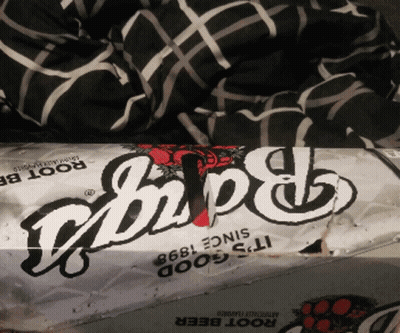 A Can Of Root Beer Sits On A Bed Next To A Plaid Blanket GIF