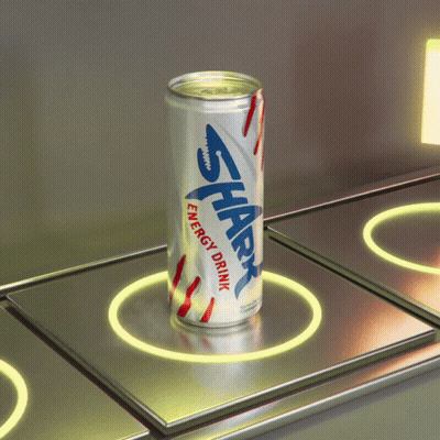 A Can Of Shark Energy Drink Sitting On Top Of A Metal Surface GIF