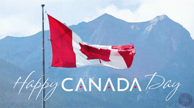 A Canadian Flag Is Flying In Front Of A Mountain With The Words Happy Canada Day GIF