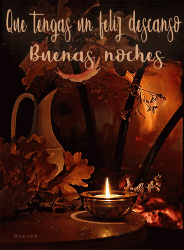 A Candle In A Bowl With The Words Que Tengas Un Feliz Descanso Buenas Noches On The Bottom GIF