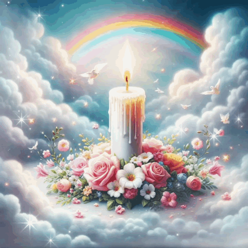 A Candle Is Surrounded By Flowers And A Rainbow In The Background GIF