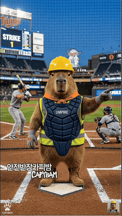 A Capybara Wearing A Hard Hat And A Catcher 'S Vest Stands On A Baseball Diamond GIF
