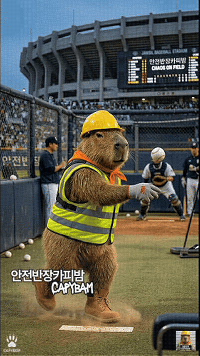 A Capybara Wearing A Hard Hat And Safety Vest Is Standing On A Baseball Field GIF