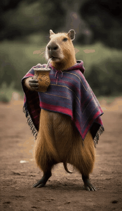 A Capybara Wearing A Poncho Is Drinking From A Cup GIF