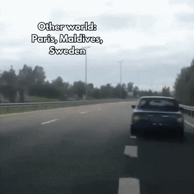 A Car Driving Down A Highway With The Words Other World Paris Maldives Sweden GIF
