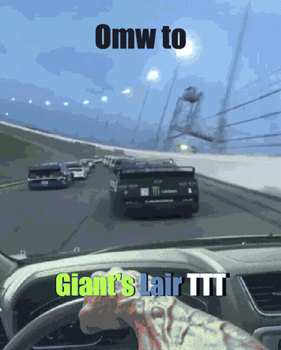 A Car Driving Down A Road With The Words Omw To Giant 'S Lair Ttt On The Dashboard GIF