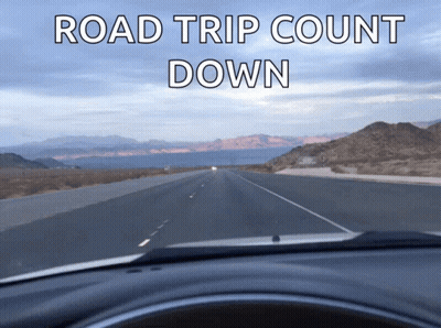 A Car Driving Down A Road With The Words " Road Trip Count Down " Above It GIF